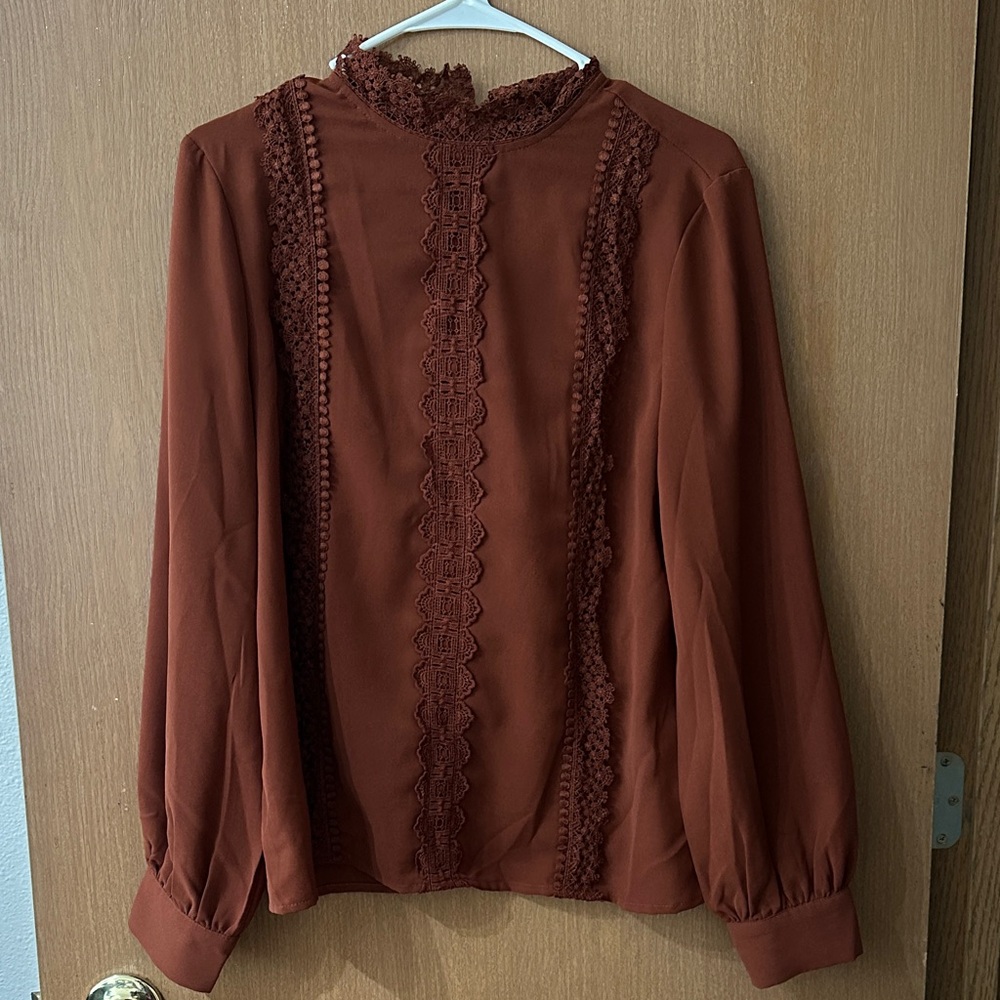 Elegant Lace Trim Rust Blouse